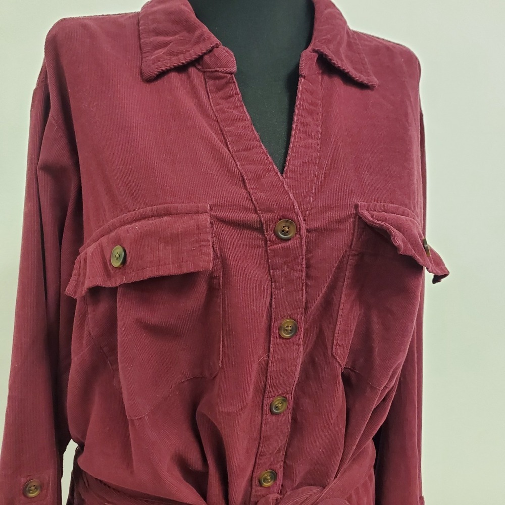 Women's Button-Front Shirt Dress in Burgundy - Picture 2 of 8
